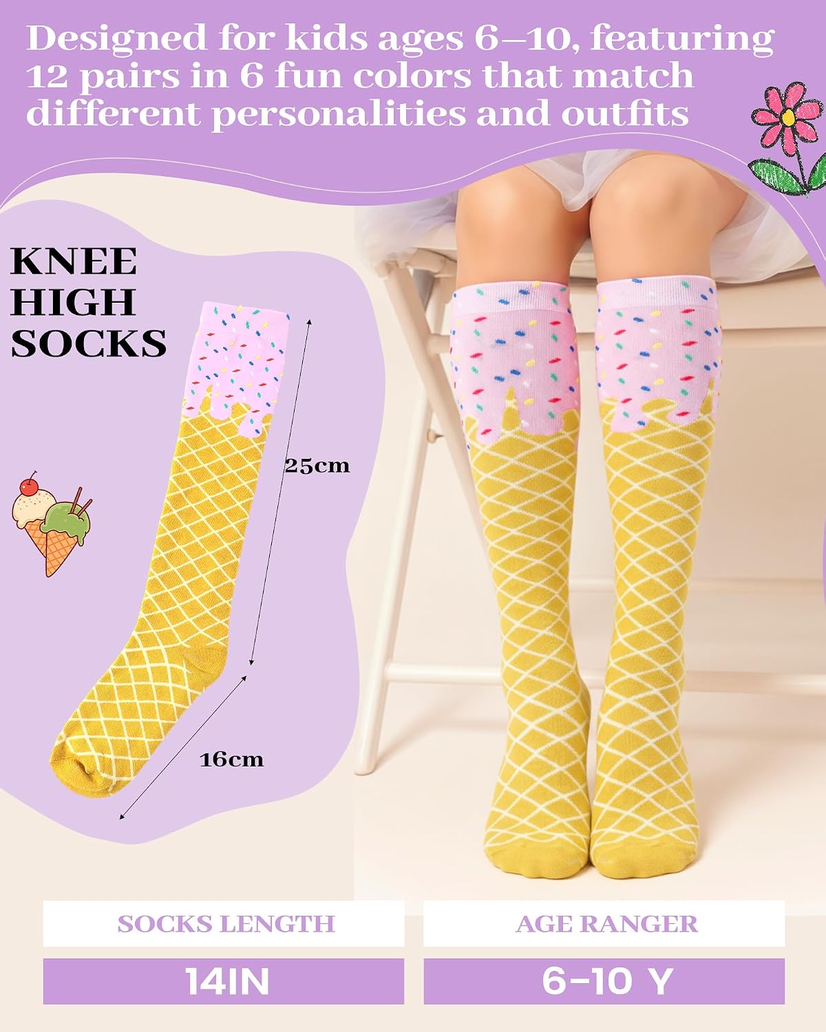Shyyween 12 Pairs Ice Cream Drip Socks for Girls Boys 6-10 Years Funny Ice Cream Drip Baseball Knee High Socks for Birthday Summer Party Gifts