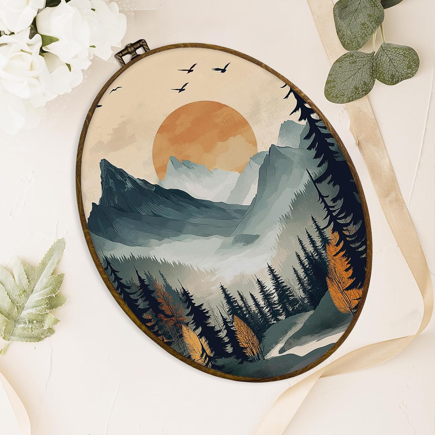 dvhdajed Nordic Adventure Theme Oval Wall Art Decor, Mountain Nursery Decor,Boys Room Mountain Framed Canvas Art, Nordic Nursery Tree Decorative Wall Hanging for Boys Room Bedroom, 8.7x11.3 Inch image 4