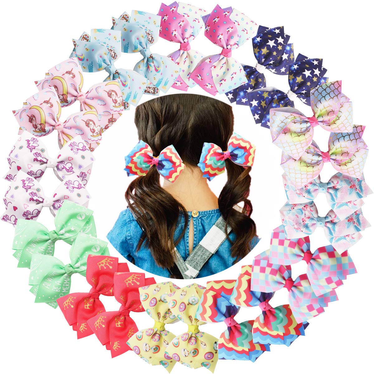 24PCS 4.5Inch Hair Bows Clips Rainbow Grosgrain Ribbon Bows Alligator Hair Clips Unicorn Hair Bows Hair Accessories for Baby Girls Toddlers Kids Children In Pairs