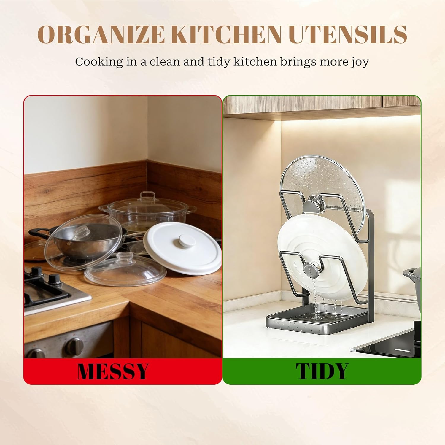 304 Stainless Steel Kitchen Pot Lid Storage Rack, Pot Lid Holder while Cooking, Pot Lid Organizer with Removable Tray & Spoon Rest,Waterproof & Rustproof(Beige, 2 Layer) - Image 5