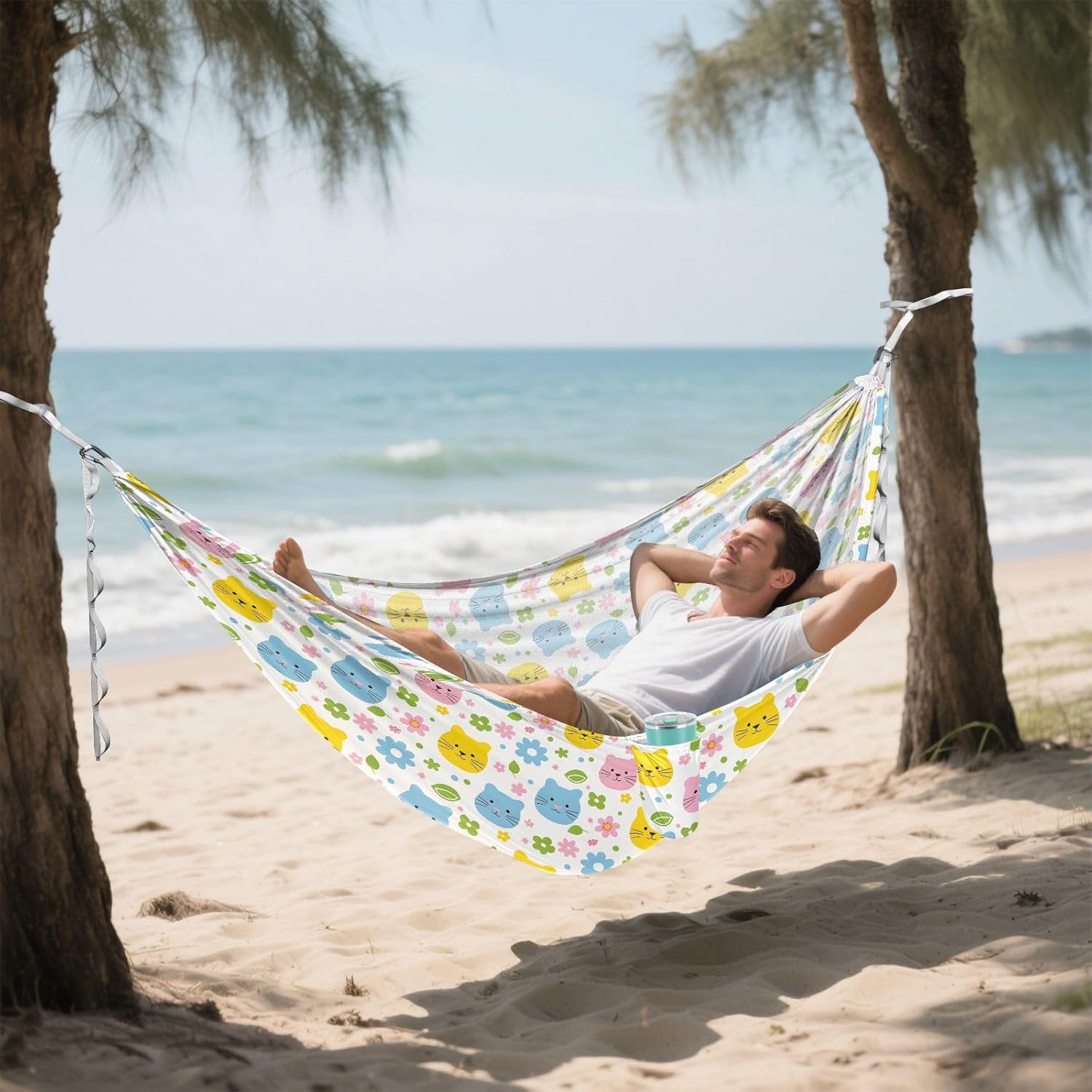 ALAZA Cat & Daisy Kitten Camping Hammocks Single or 2 Person 500 lbs Portable Parachute Travel Hammock w/Tree Straps for Hiking Backpacking Indoor Outdoor