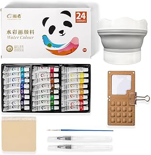 Mini Watercolor Travel Set, 24 Colors ,Magnetic Folding Wooden Palette with Refillable Water Brushes & Cotton Sketchbook, Non-Toxic Watercolor Kit for Beginners, Artists & Kids, Ideal for Outdoor Sketching & Travel Painting