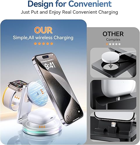 Miniatura 4 de Estación de carga inalámbrica 3 en 1 para cargador de Apple, soporte de cargador portátil magnético con certificación Qi de 15 W para iPhone