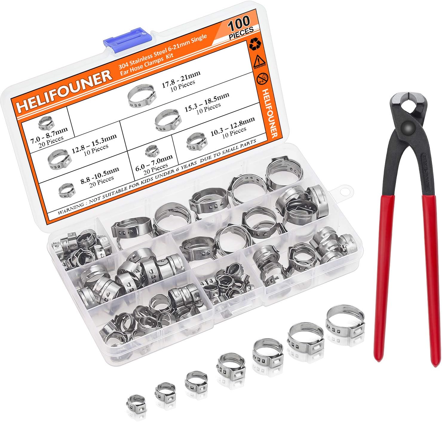 HELIFOUNER 100 Pieces 6-21mm 304 Stainless Steel Single Ear Hose Clamps with Pincers Kit