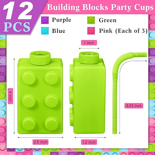 Miniatura 2 de Mumufy Vasos de bloques de construcción con popote y tapas, 10 onzas reutilizables para niños, vasos de plástico para fiesta de cumpleaños de bloque