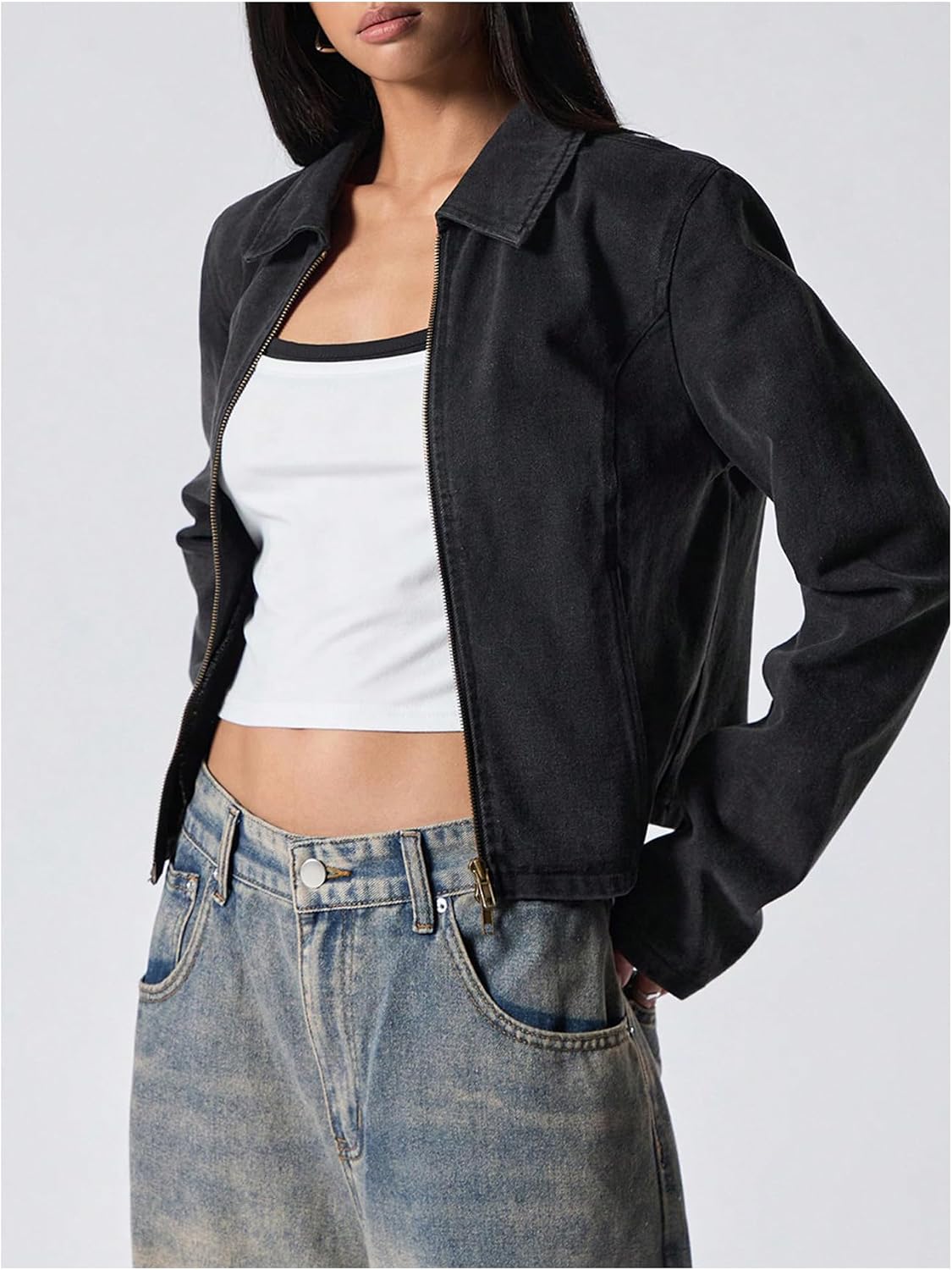 OYOANGLE Women's Zip Up Denim Jacket Long Sleeve Collar Outerwear with Pockets Streetwear