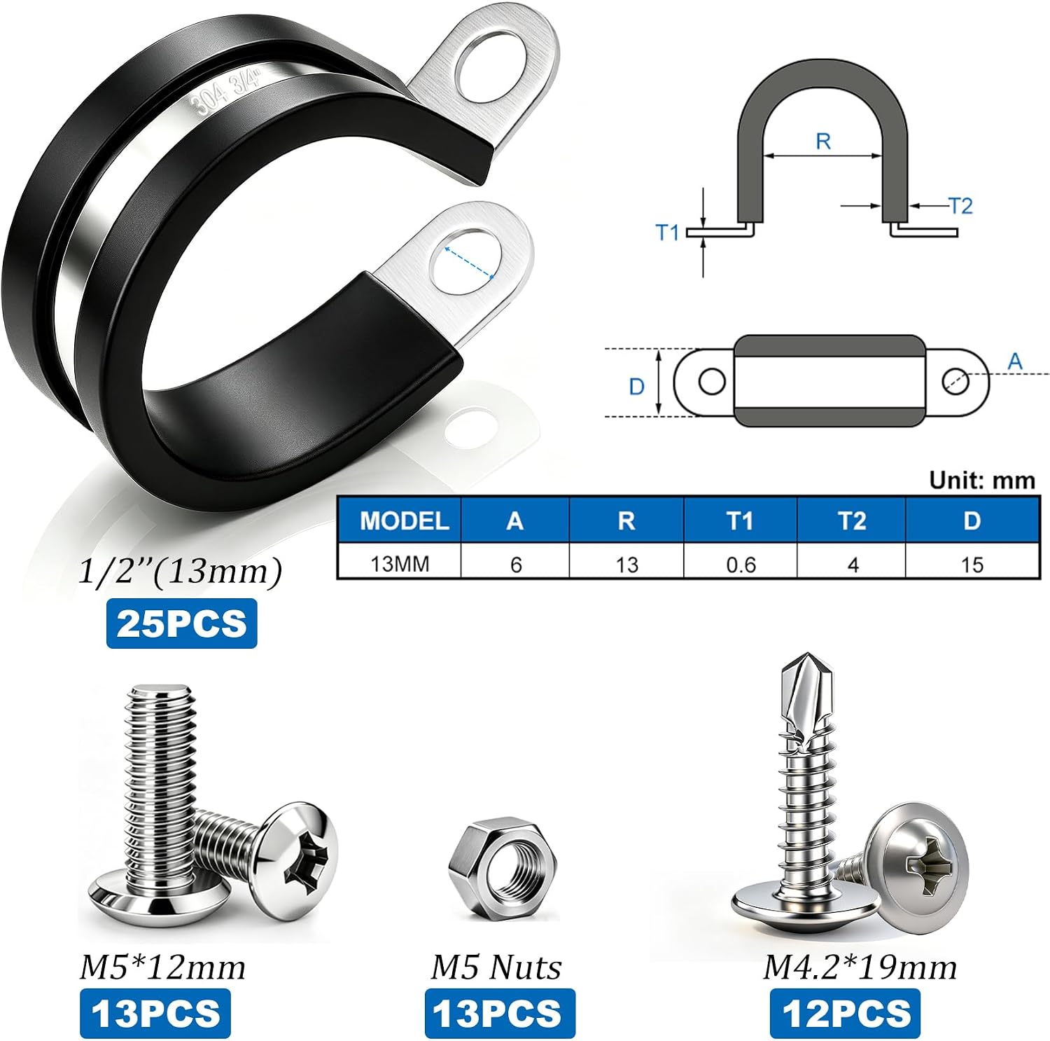Taiss 50PCS 1/2 Inch Cable Clamps 304 Stainless Steel Rubber Cushion Insulated Wire Clamp,Pipe Clamps Loop Clamps,Metal Clamp With two kinds of screws (13mm)