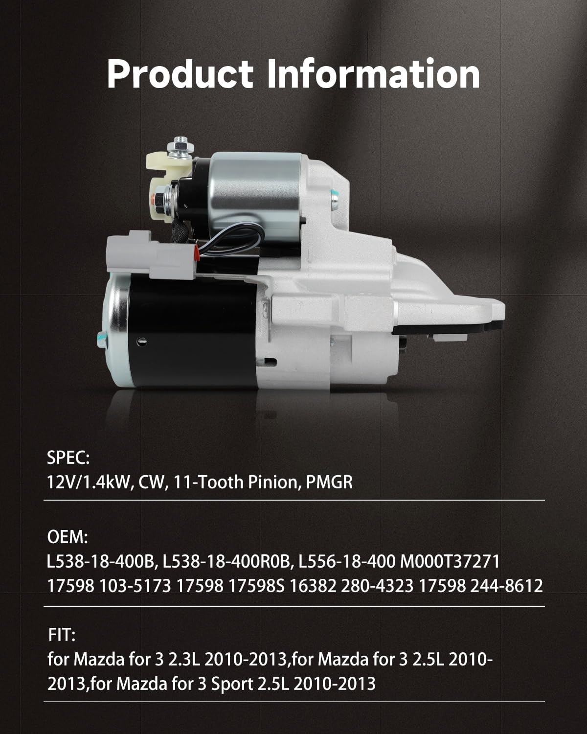 OCPTY starter motor 17598 Compatible for Mazda 3 2010-2013, 5 2012-2013, 6 2011-2013, CX-7 2011-2012, L4 2.3L 2.5L, 12V 1.4KW 11 Teeth Clockwise, Replace 410-48362, L538-18-400R0B
