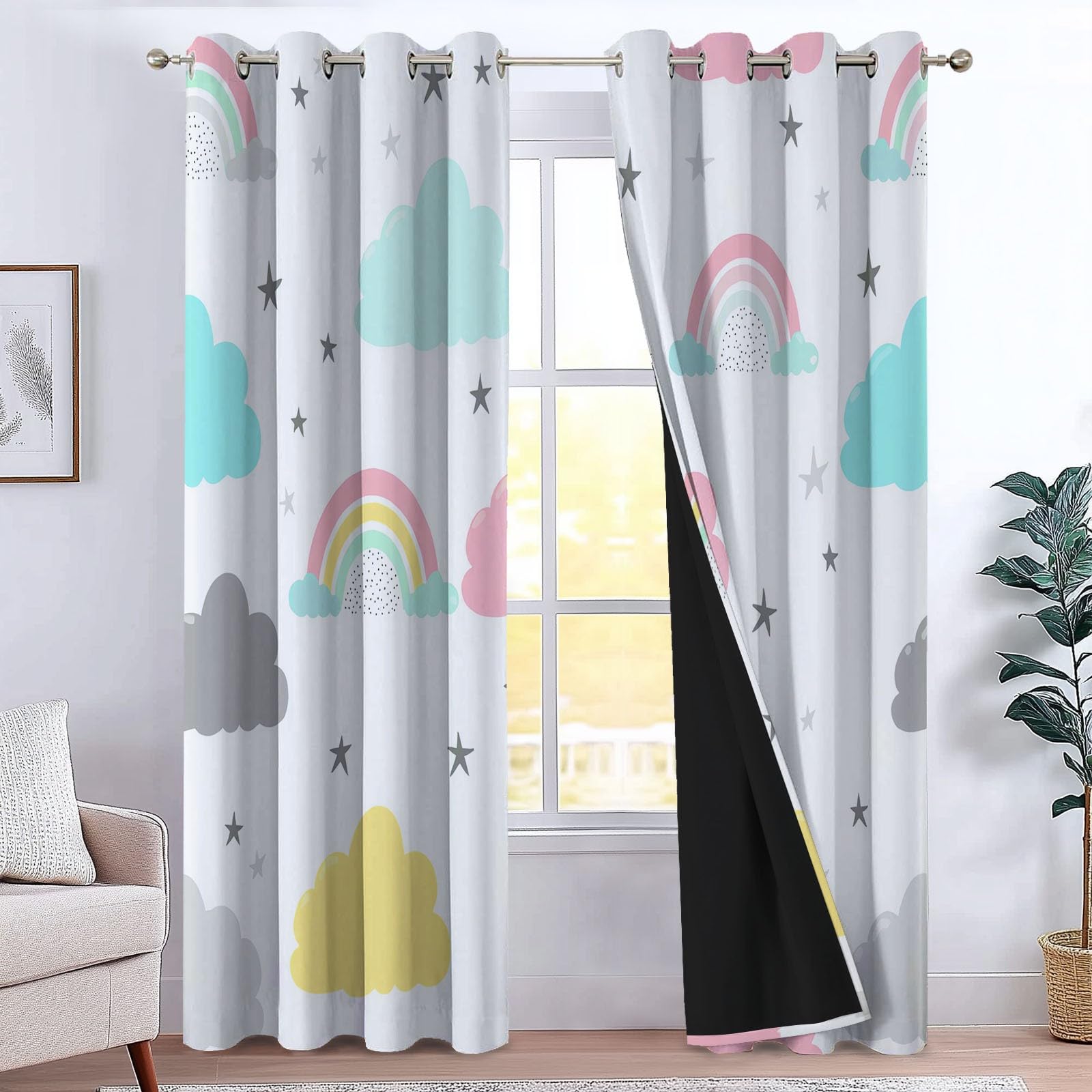 Cortinas de Ventana 140 x 260 cm (2 Paneles) Fáciles de Colgar, Estilo Simple Opacas Térmicas Aislantes del Frío y del Calor, Nubes De Dibujos Animados Arcoíris para Dormitorio o Sala de Estar
