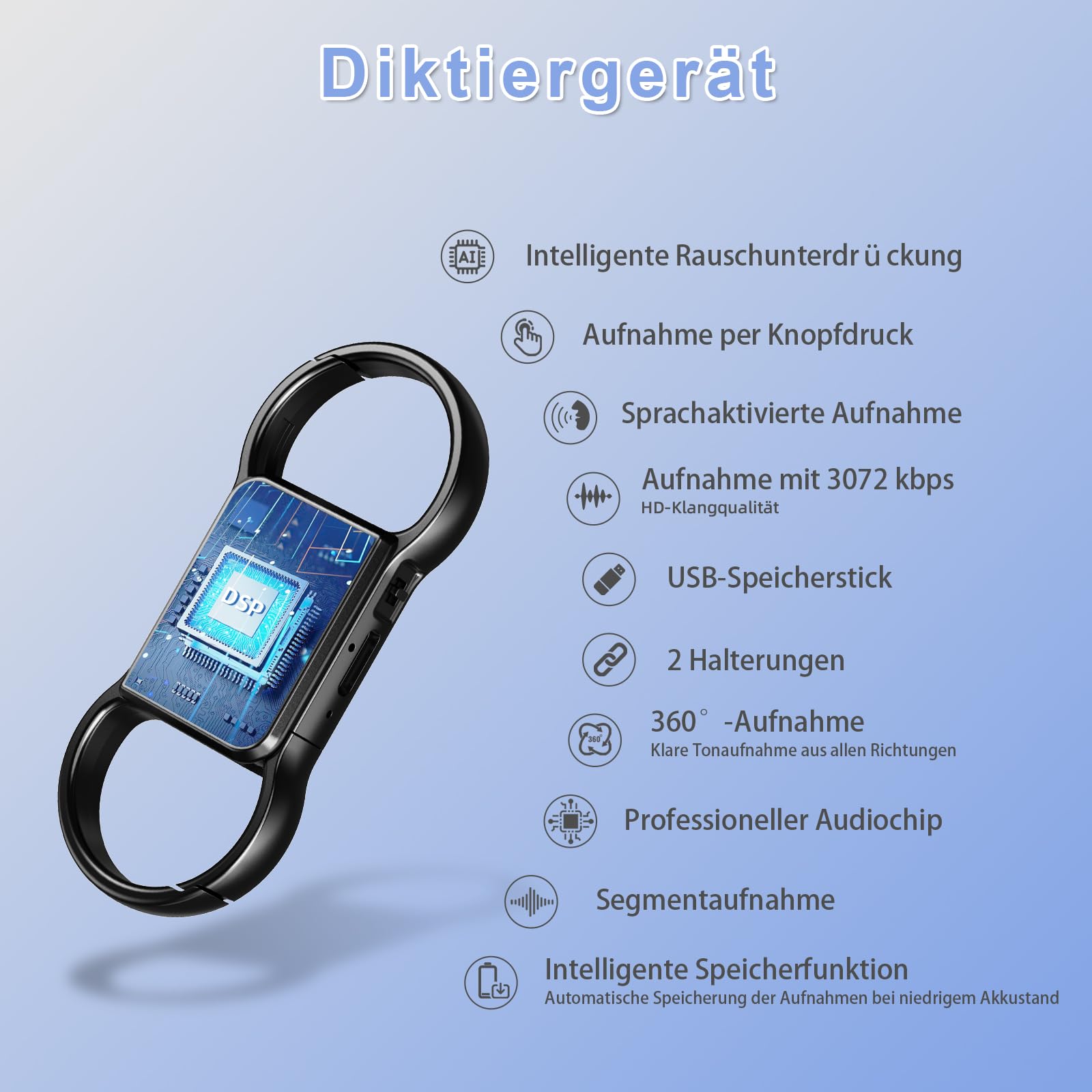 Diktiergerät,Aufnahmegerät,Digital Audio Voice Recorder,Diktiergerät Mini | 3072 Kbps,mit Spracherkennung,DSP Rauschunterdrückung 4800H Lange Aufnahmen,USB Wiederaufladbar,Meeting/Interview/Vorlesungen