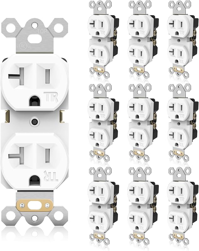 Paquete de 10 receptáculos de pared dúplex, tomacorrientes resistentes a manipulaciones de 20 A, tomas de corriente eléctrica estándar para uso comercial y residencial, 2 polos, 3 cables, conexión a tierra automática, certificación UL, blanco