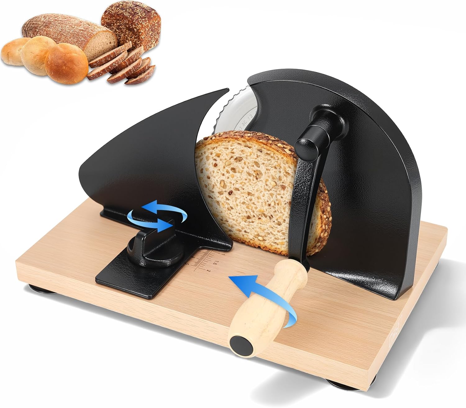 Manual Bread Slicer for Homemade Sourdough Bread, Adjustable Thickness Hand Crank Bread Cutter with Scale Lines, Suction Cup Base, Metal Guide & Sharp Stainless Steel Blade (Cream)