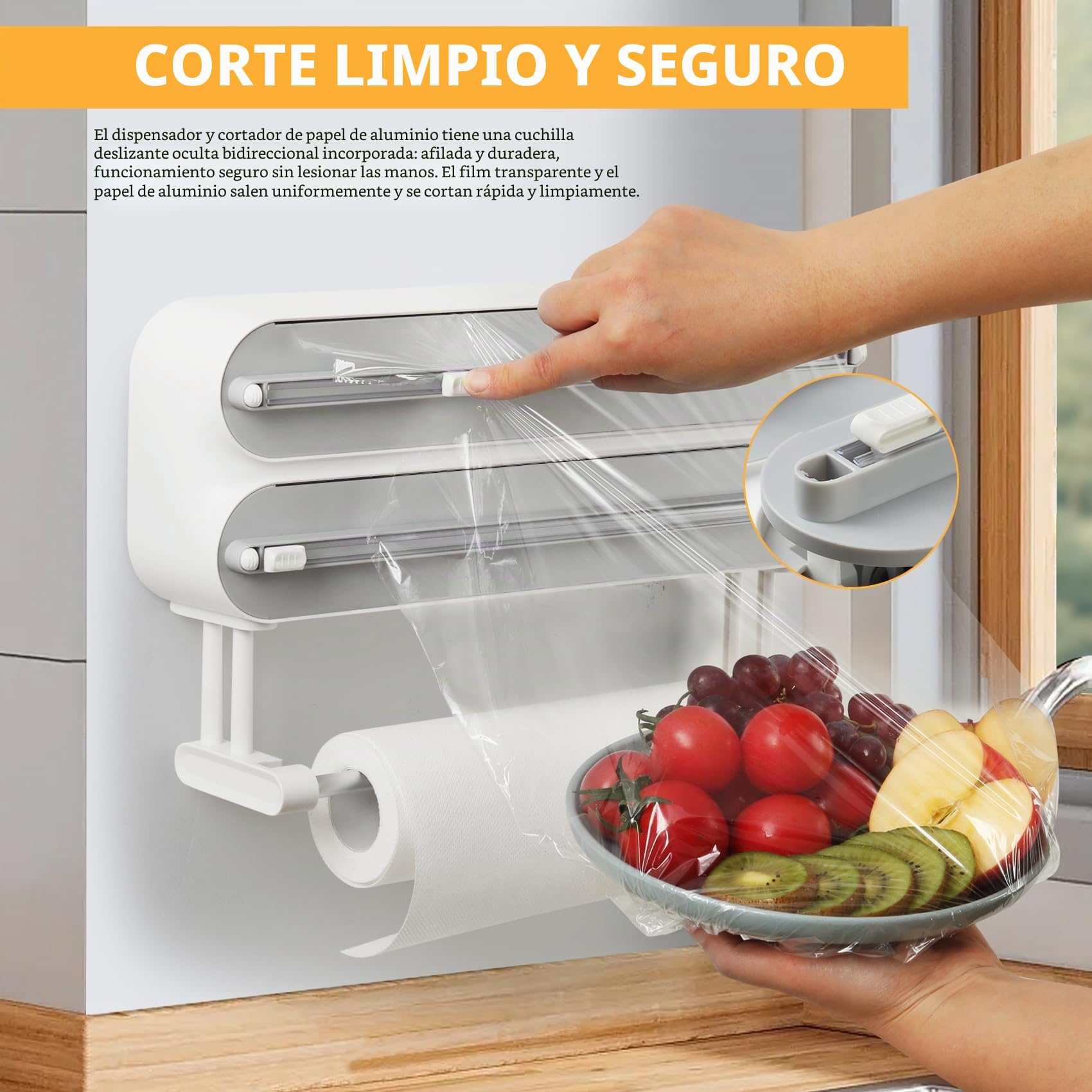 Dispensador Papel Aluminio y Film con Portarrollos Cocina - Organizador Mejorado Magnético de Papel Film Transparente con 50 Metros Film de Plástico, Soporte Papel Cocina 3 en 1, Blanco