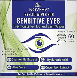 NOVEHA Eyelid Wipes - For Delicate Lashes and Eyelids - With Hyaluronic Acid, Chamomile, and Aloe Vera - Individually Wrapped Pre-moistened Pads (60 Wipes)