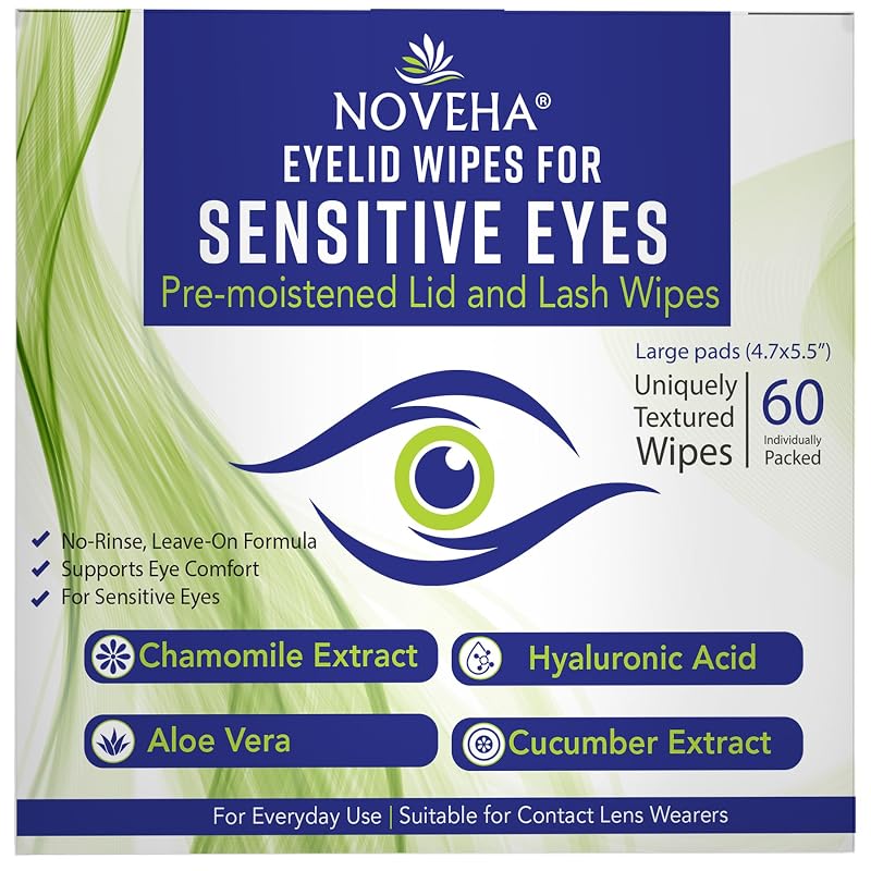 NOVEHA Lenços para Pálpebras com Ácido Hialurônico, Camomila e Aloe Vera, Pré-umedecidos, Embalados Individualmente, 60 Unidades