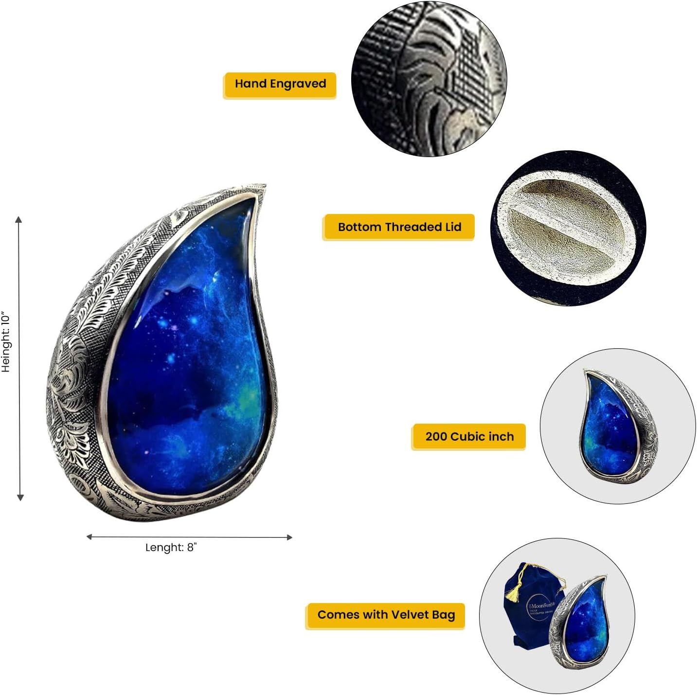 Galaxy Teardrop Urns for Human Ashes, Funeral Cremation Urn with Velvet Bag, Keepsake Urn for Adults, Large for your loved ones Urns for Blue Starry Sky Capacity10 inch (200 cubic inches) BY 5MOONSUN5
