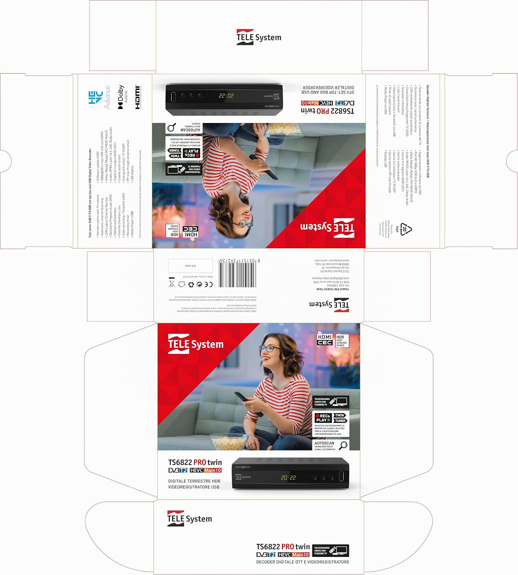 TELE System TS6822 PRO DVB-T2 HEVC Digitaler Terrestrischer Decoder und Twin-Tuner DVR-T2 HD HDR (HDR10 / HLG) mit Display und Fernbedienung 2 in 1 mit TV-Steuerung