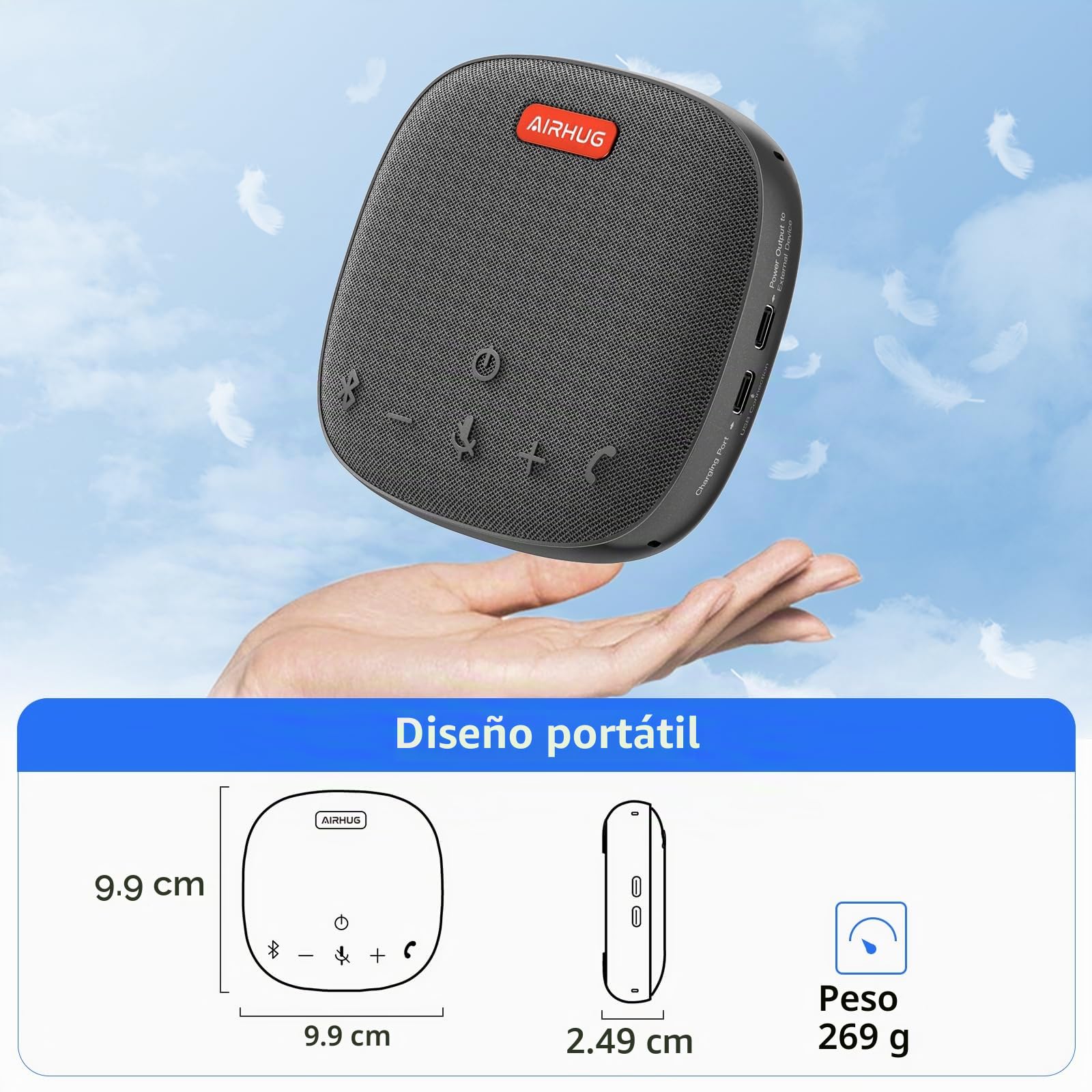 AIRHUG - Altavoz y micrófono de Conferencia, Altavoz Bluetooth con Recogida de Voz de 360°, reducción Avanzada de Ruido, USB-C Plug & Play, Compatible con Zoom y MS Team