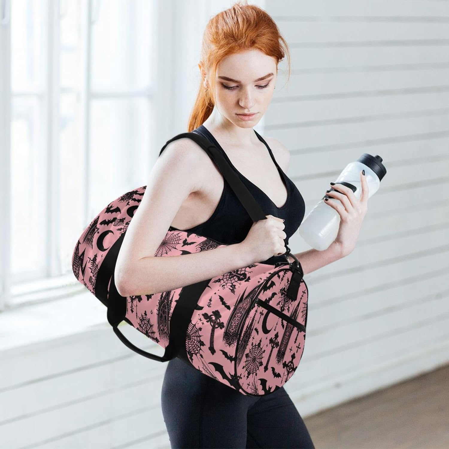 MNSRUU Sports Duffel Bags, Black Gothic Moon Spider Webs and Bats Athletic Gym Bag Overnight Workout Travel Tote Luggage for Men Women Yoga