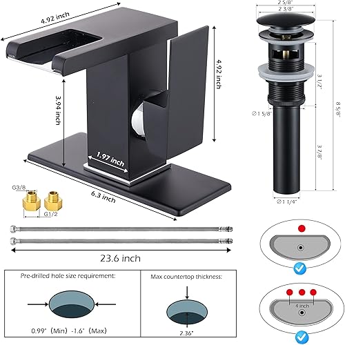 Miniatura 2 de Grifo negro para baño, cascada, caño abierto, 3 colores, luz LED de una sola manija, latón, lavabo, lavabo, lavabo con desbordamiento, tapón de