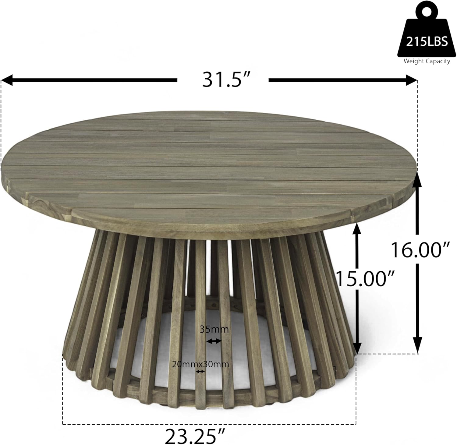 Lawn, Coffee Table, end Table, Side Table,Tea Table,Round ，Wooden ， Backyard, Balcony,Outdoor ，Patio ，Courtyard ，31.50” W x 31.50” D x 16” H