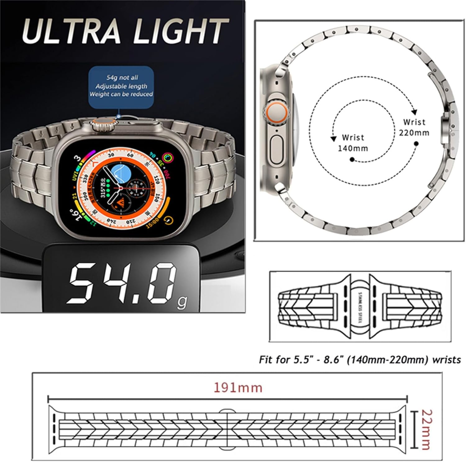 Compatible with Apple Watch Band 49mm 45mm 44mm 42mm 41mm 40mm 38mm, Genuine Titanium Metal Adjustable Business Band for iWatch Ultra 1 2 Series 9 8 7 6 SE 5 4 3 2 1