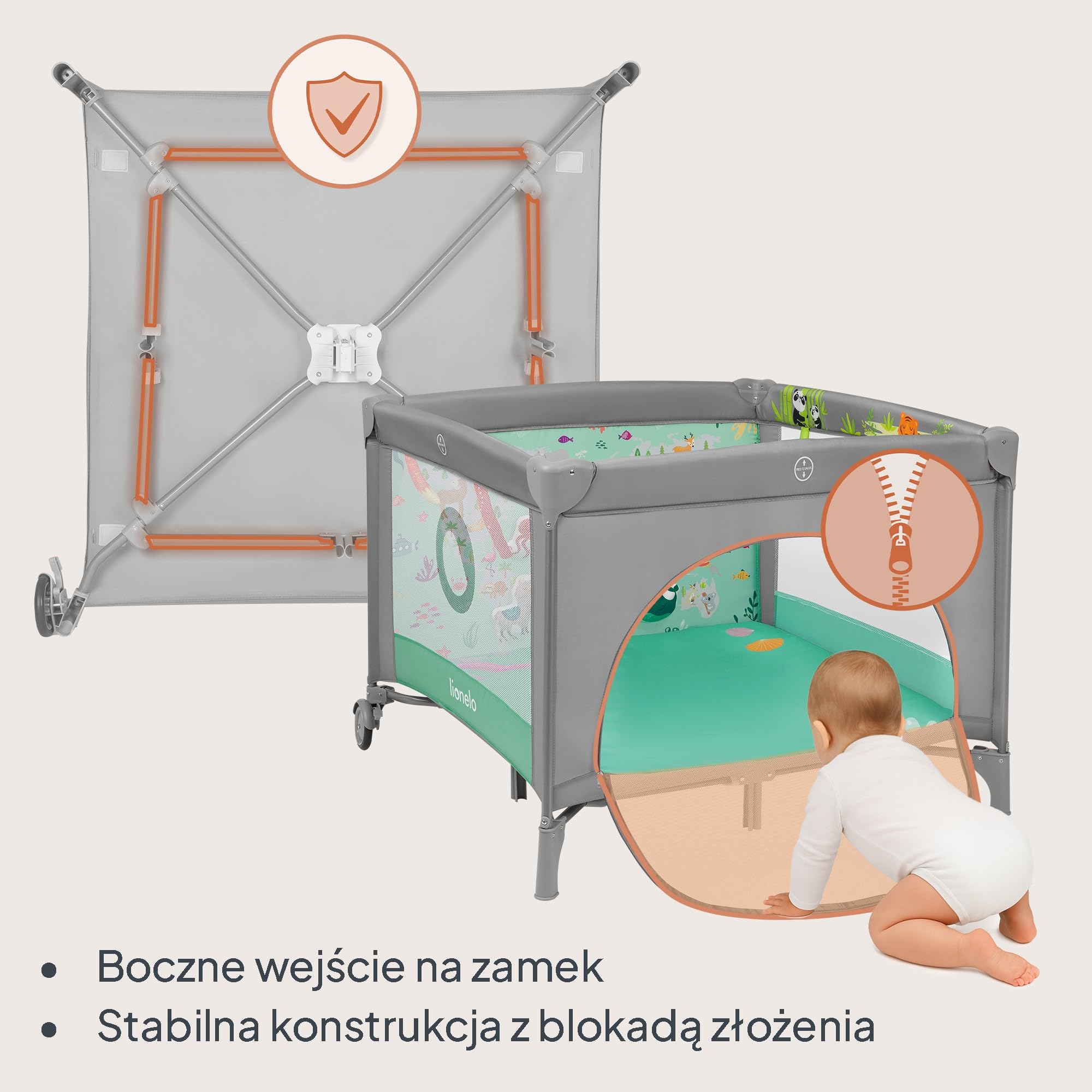 LIONELO Kojec dziecięcy MILLE PLUS do 15 kg 0-36 miesięcy, Boczne Wejście, Materac 3D, 2 Koła z Hamulcem Łatwe Składanie, Torba Transportowa