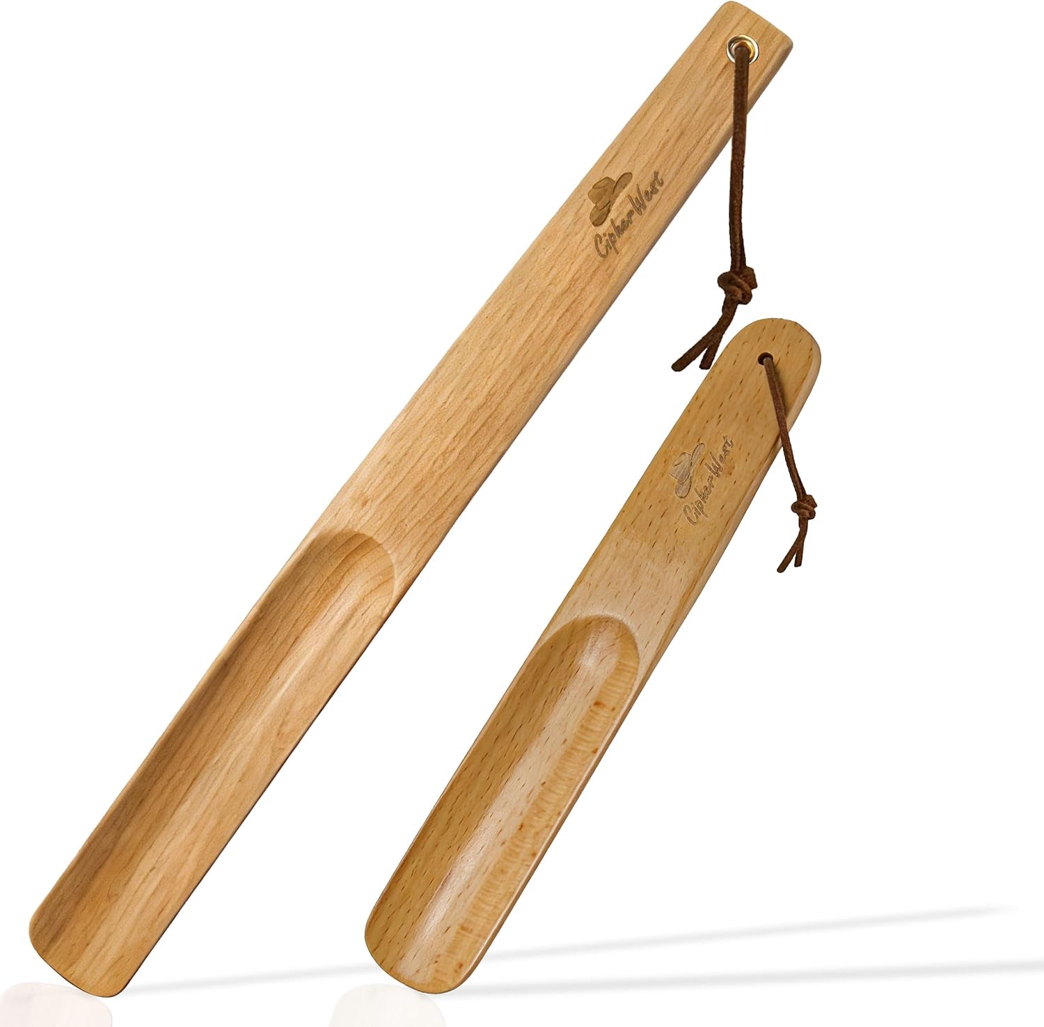 Wooden Shoe Horn Set, 15'' Long Handle for Seniors & Adults, 10.25'' Short Shoe Spoon for Kids, 2-Pack Boot Horn