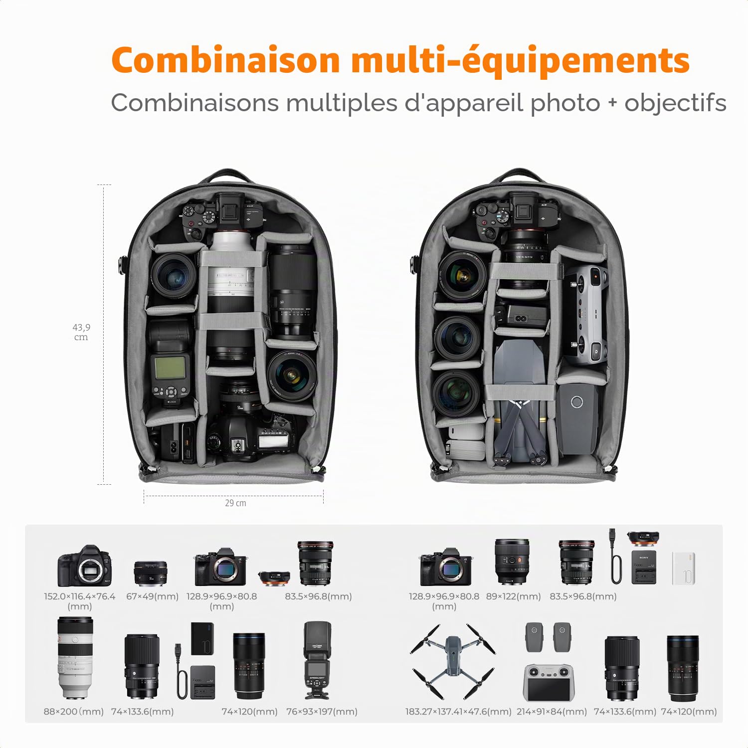 K&F CONCEPT Sac à Dos pour Appareil Photo, avec Housse de Pluie Grande capacité de 18L, avec Compartiment pour Ordinateur Portable de 15,6"