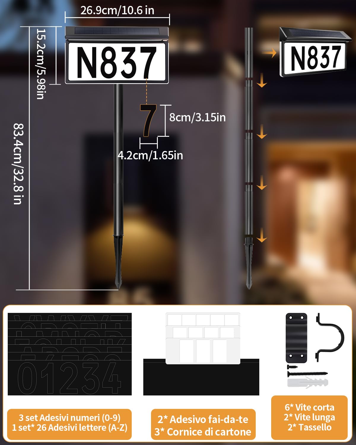 Lampada Solare per Numero Civico, 56 LED, IP65 3000K/4500K/6000K | batteria 2000mAh, montaggio a piolo o parete, include 26 lettere e 30 numeri, ideale per ingresso e giardino