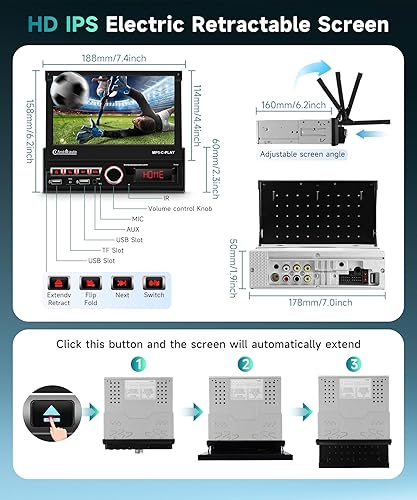 Miniatura 2 de Estéreo de coche de un solo DIN con Carplay inalámbrico Android Auto, pantalla táctil motorizada de 7 pulgadas con Bluetooth Radio de coche con