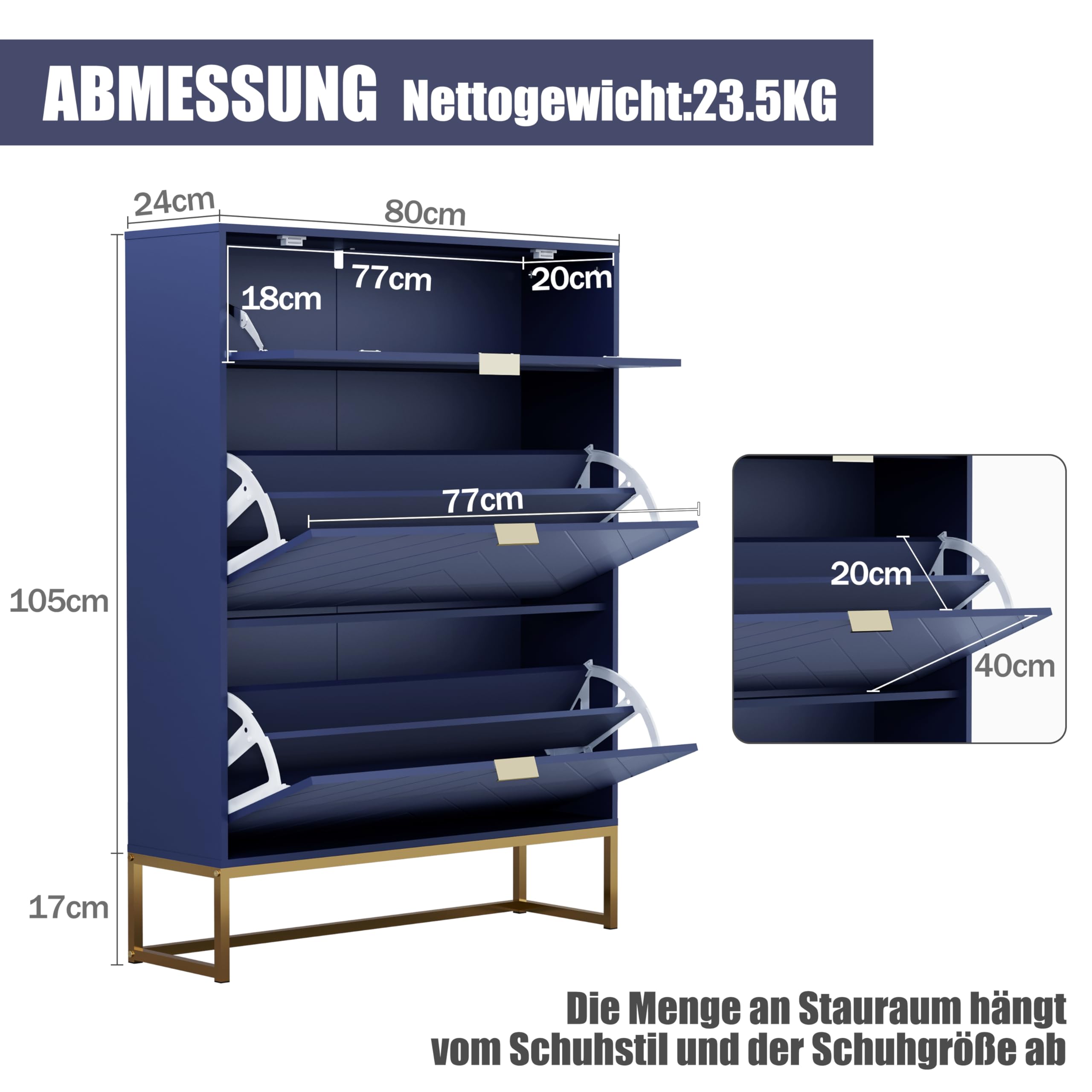 UEV Schuhschrank mit 3 Klappen schmal Schuhablage Schuhkommode Schuhregal Schuhkipper Platzsparend, mit Kippschutz/Trennwand verstellbar für Wohnzimmer Flur, 80x24x122cm, Blau