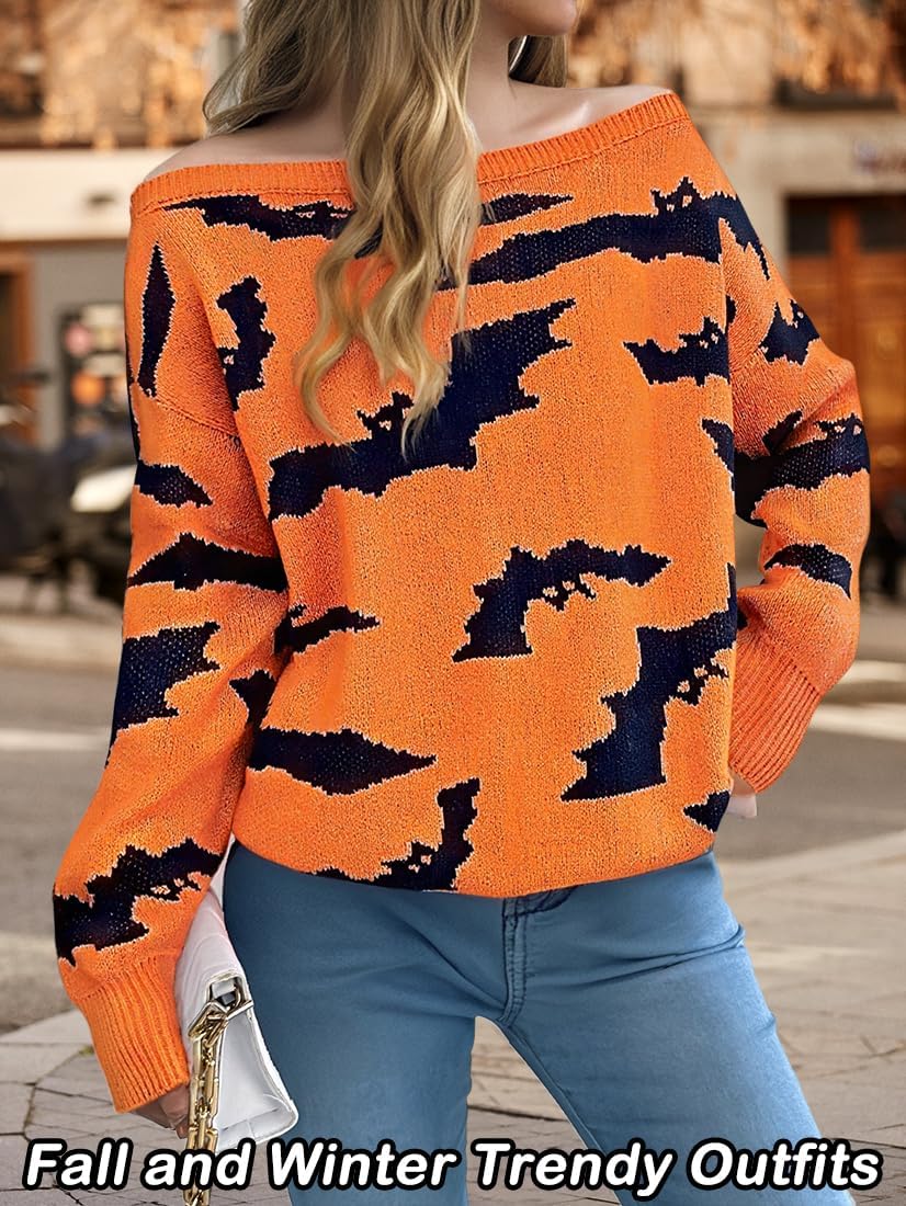 Women Halloween Sweater Bat Off Shoulder - Knitted Loose Sweaters, Long Sleeve Loose Trendy Top, Fall Winter Casual Outfit - Image 3