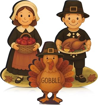 Amyhill 3 Pack Thanksgiving Decor Fall Wooden Pilgrim Couple Turkey Tabletop Decor Thanksgiving Standing Table Sign for Fall Autumn Harvest Home Office Bedroom Kitchen Decorations