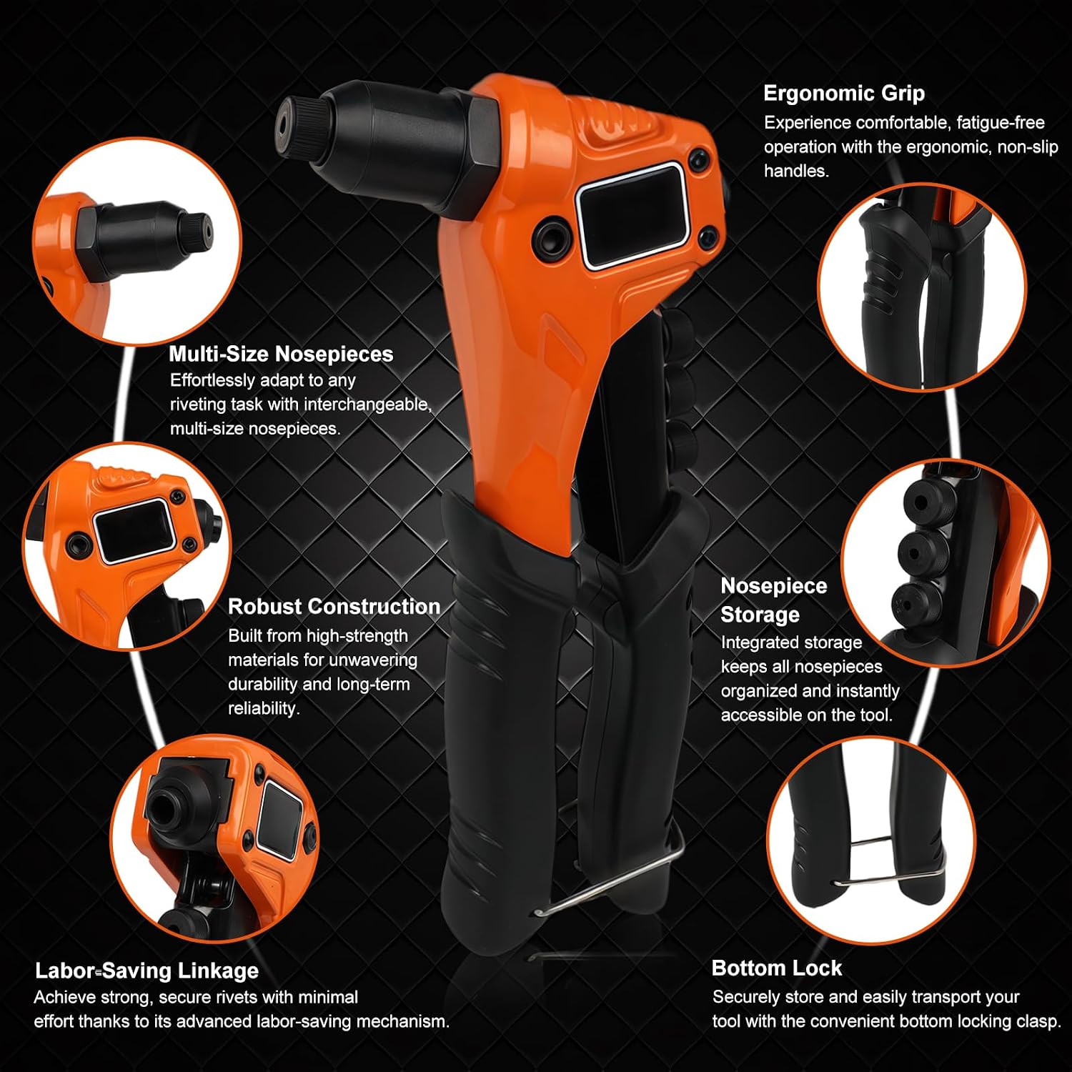 Rivet Gun Kit, 4-in-1 Pop Rivet Gun Kit for Metal, Single Hand Riveter, with 200 Blind Rivet (3/32'' 1/8'' 5/32'' 3/16''), Include 4 Toolless Rivet Heads & 4 Drill Bits, Carrying Case