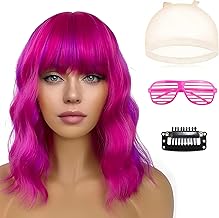 Pink Wigs for Women, Mermaid Wigs Costume Wig and Sunglass Set, Shoulder Length Loose Curly Hot Pink Wig with Bangs for Halloween Christmas Party