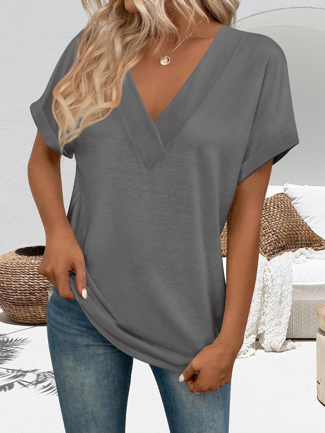 T Shirts Short Sleeve V Neck Tees Womens Tops Beach Vacation Fashion Clothes 2026 Casual Summer Spring Fall Outfits - Image 3
