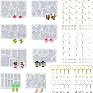 RESINGO 128 Pcs Resin Jewelry Molds Kit with Holes - UV Epoxy Earring, Keychain, Necklace Pendant Silicone Molds & 120 Metal Accessories