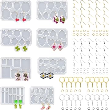 Resin Jewelry Molds, 128 Pcs Multiple UV Resin Earring Mold with Holes, Basic Epoxy Keychain Kits Bundle Complete Set, Necklace Pendant Moldes para Resina Epoxica for Female