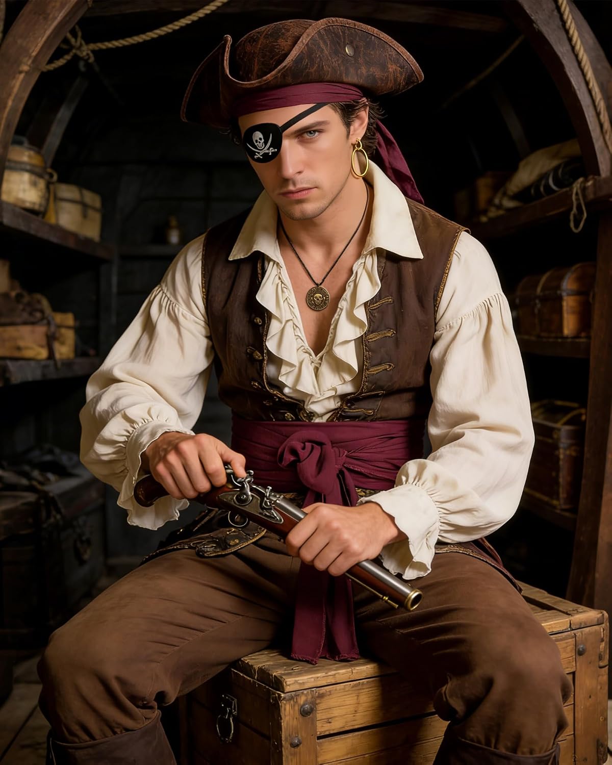 Pirate Costume Accessories Men Women with Brown Tricorn Hat Bandana Sash
