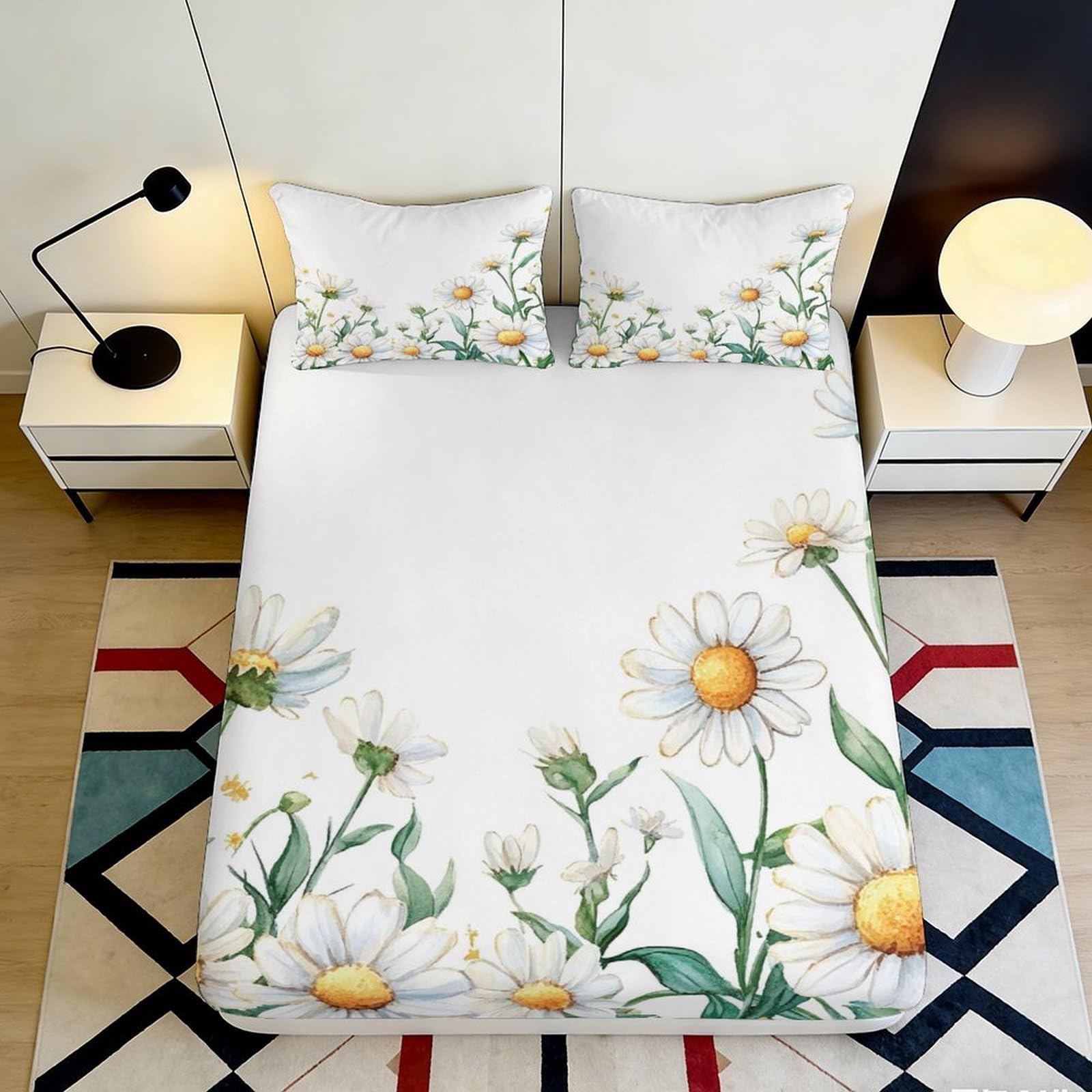 3D Printed Daisy Floral Fitted Sheet Microfiber Soft Breathable Chamomile Bed Cover for Bedroom Dormitory Guest Room Mattress Protection Decor 160x200x25cm