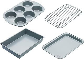 Chicago Metallic CMET8044 Professional Compact Baking Set with Non Stick Roasting Tin, Cupcake Tray, Baking Tray and Roasting Rack, Carbon Steel, 4 Pieces