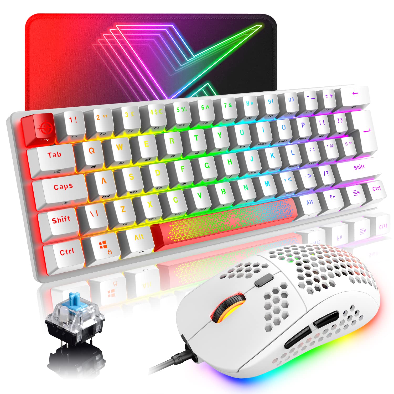 Układ brytyjski, mechaniczna klawiatura do gier RGB, 14 efektów podświetlenia, mini 62 klawisze, przewodowa typ C + lekka mysz RGB 6400DPI o strukturze plastra miodu + podkładka pod mysz kompatybilna z PS4, Xboxem, PC, laptopem (czerwono-czarna)