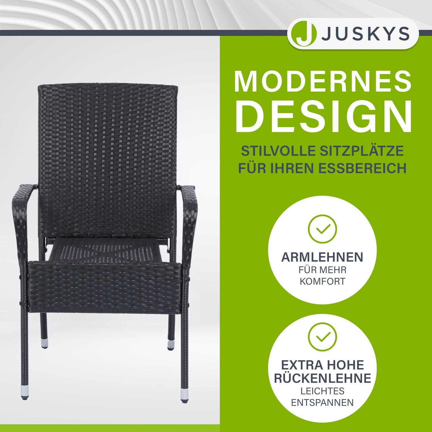 Juskys Yoro Polyrotan tuinstoelen set van 4 met armleuningen en rugleuning - 4 stoelen stapelbaar - rotan stoel tuin - stapelstoel zwart