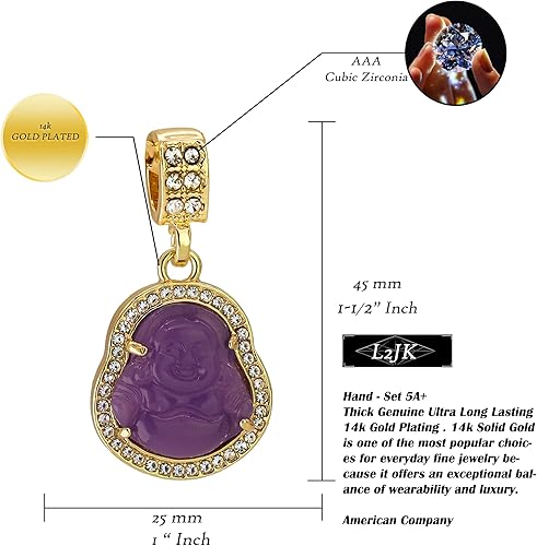 Miniatura 2 de Colgante de Buda sonriente de la suerte chapado en oro de 14 quilates, color rosa, morado, verde, azul, en cadena cubana, 0.197 in, 24 pulgadas,