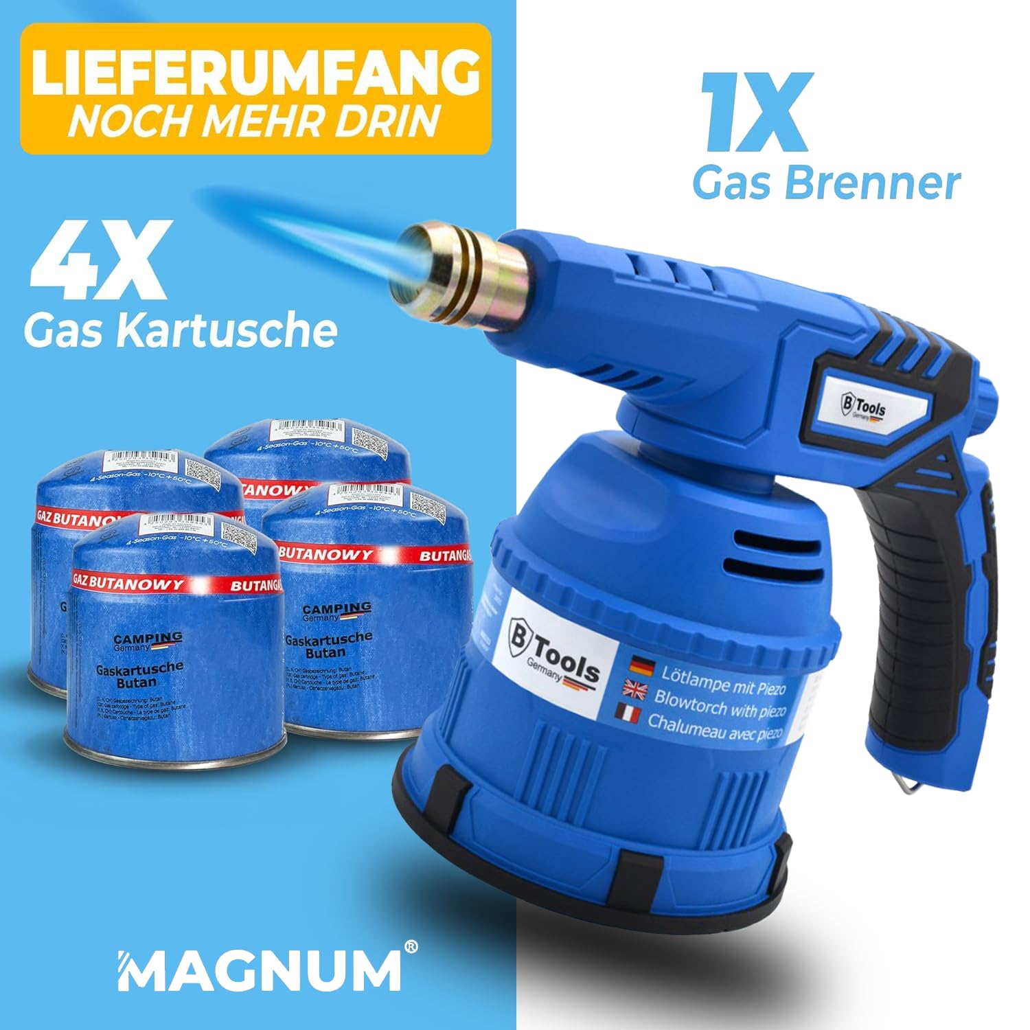 MAGNUM® Lötbrenner [1200°C] – Gasbrenner mit Piezo Zündung und Feinregulierventil – Bunsenbrenner für Löten Auftauen Unkraut entfernen und vieles mehr (4x Gartuschen 190 g)