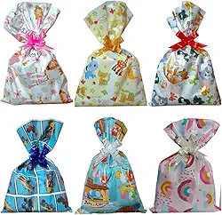 Kit 10 Sacos de Presente 25x37 cm, 10 Laços Fácil, 10 Etiquetas Adesivas para Presente (Infantil Sortidos)