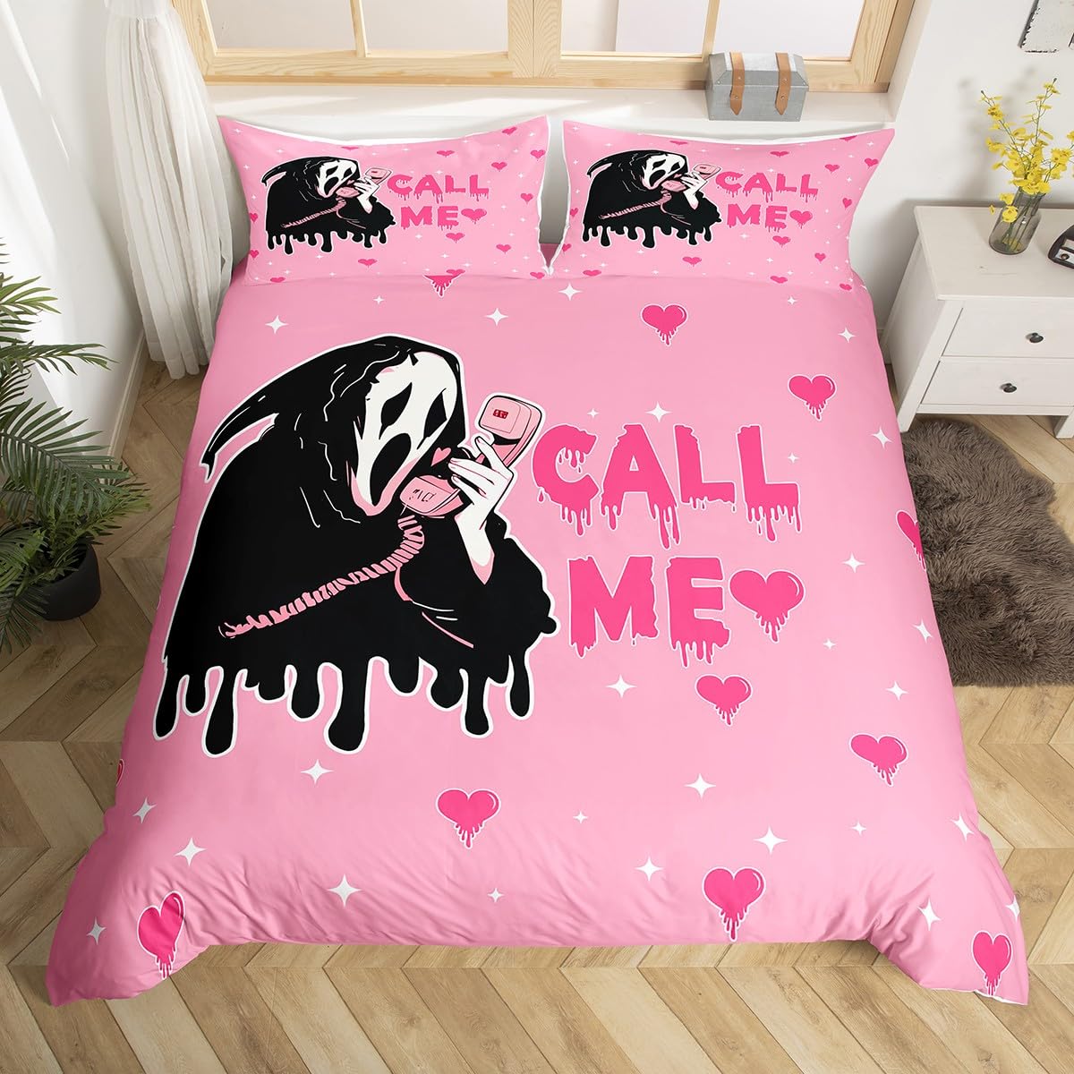 Homemissing Skull Ghost Printed Duvet Cover Set King Size Horror Theme Bedding Set for Boys Girls Happy Halloween Duvet Cover Love heart Bedroom Decor 3Pcs โ image 1