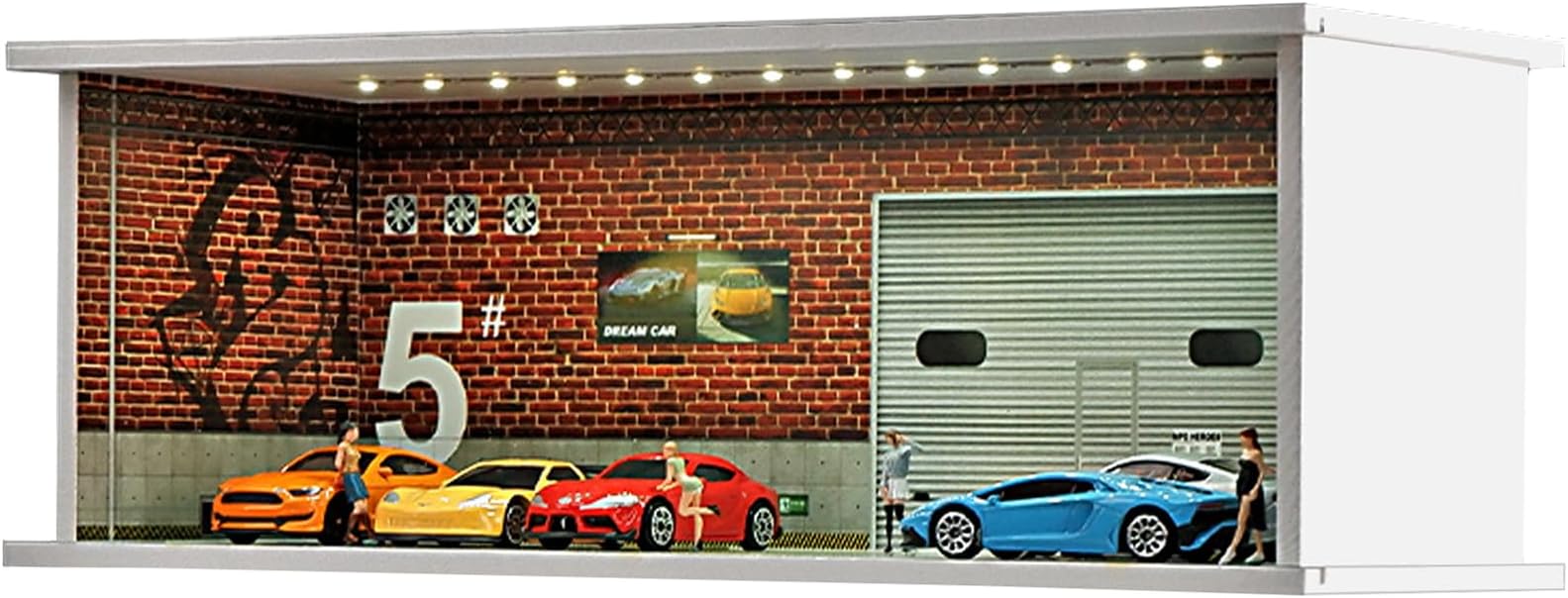 Display Case for Hot Wheel with LED Light Stackable Mega Garage Storage for 1:64 Matchbox & Diecast Cars 6-Slot Parking Diorama with Illuminated Showcase (Red-No. 5 Garage)