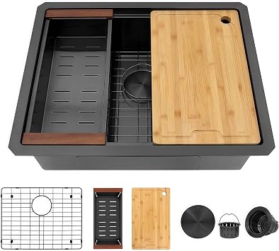 23 Inch Workstation Black Kitchen Sink, 16 Gauge Undermount Sink